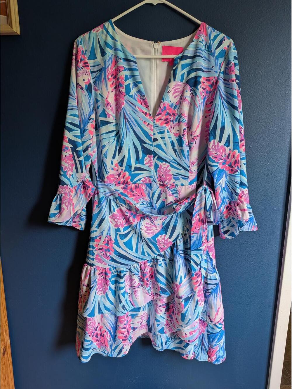 Lilly Pulitzer Dress Womens Large Blue Pink Tropical Print Ruffle Hem Tie Waist